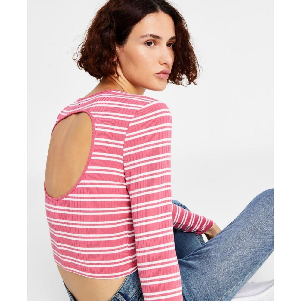 Tommy Jeans Back-Cutout Striped Ribbed Top T2GHNECG Rosebud Combo Pink XL - Picture 3 of 3